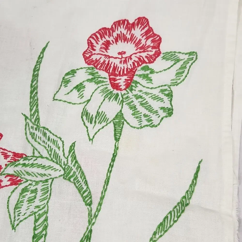 Vintage Cottage Embroidered Tea Kitchen Towel Crochet Edge Pink Grandma MCM Lily